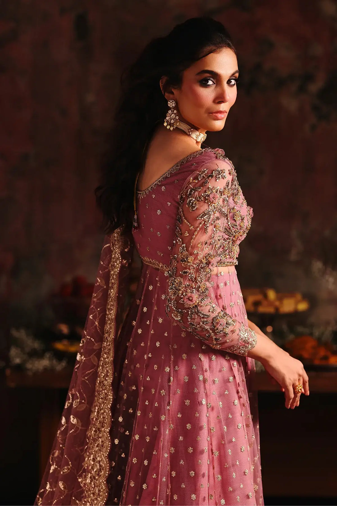 STM-5-02 Charizma Mahsuri dusty rose pink net long pishwas with raw silk sharara and sequin border net dupatta 3PC RTW