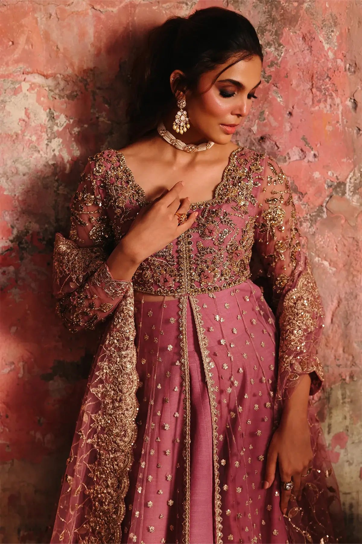 STM-5-02 Charizma Mahsuri dusty rose pink net long pishwas with raw silk sharara and sequin border net dupatta 3PC RTW