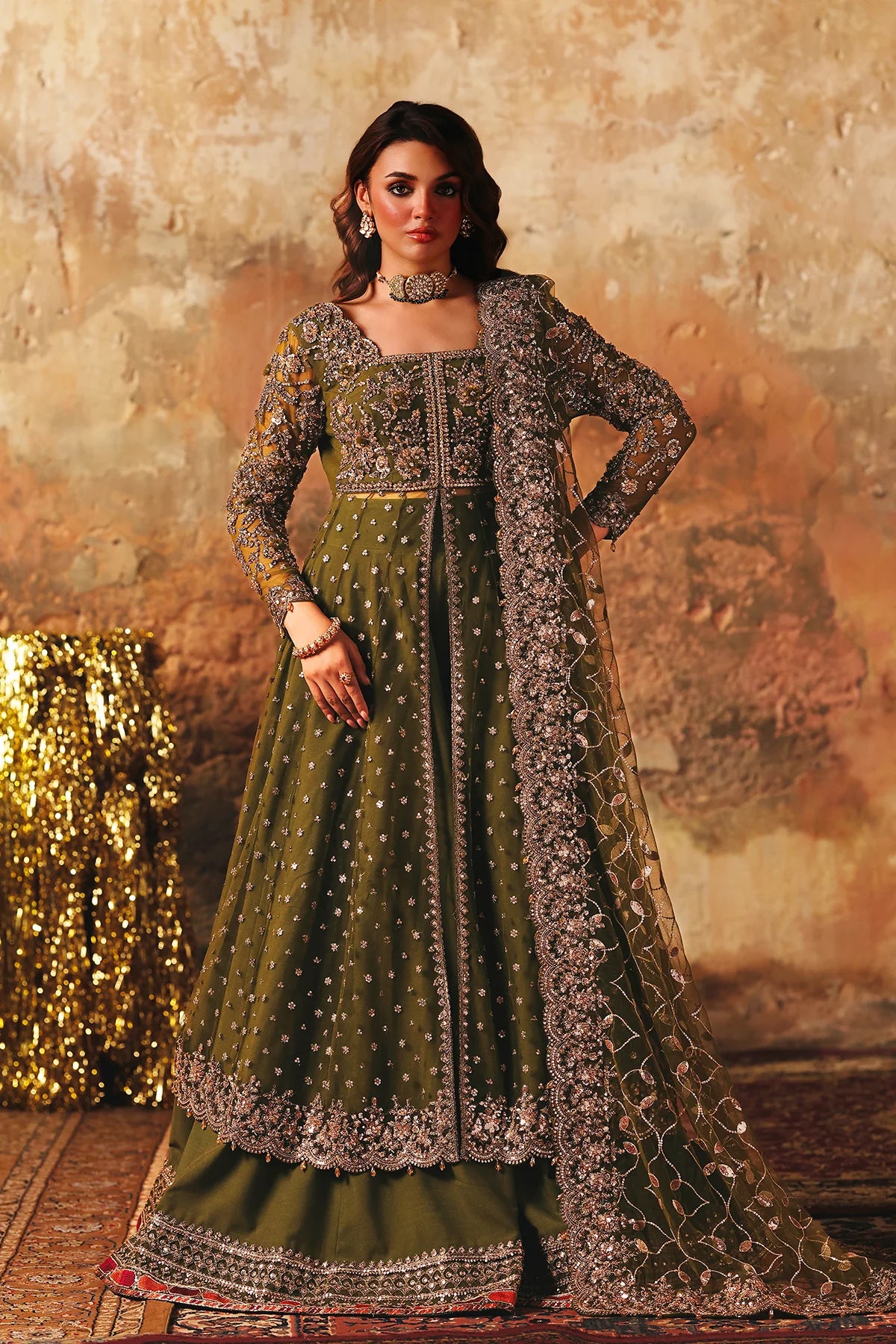 Charizma STM-5-03 Olive Green Net Pishwas with Hand Embroidery, Sharara & Sequin Dupatta for Weddings – Pakistanimoda