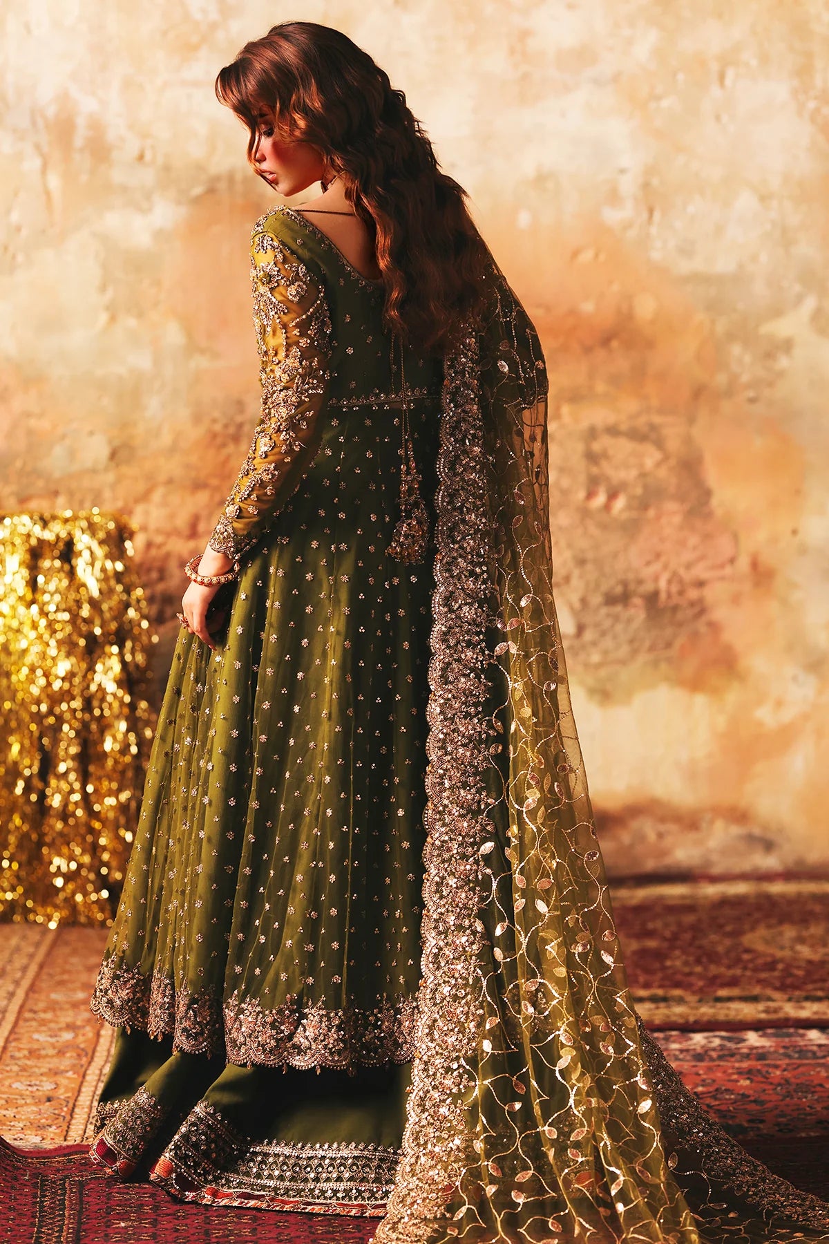 Charizma STM-5-03 Olive Green Net Pishwas with Hand Embroidery, Sharara & Sequin Dupatta for Weddings – Pakistanimoda