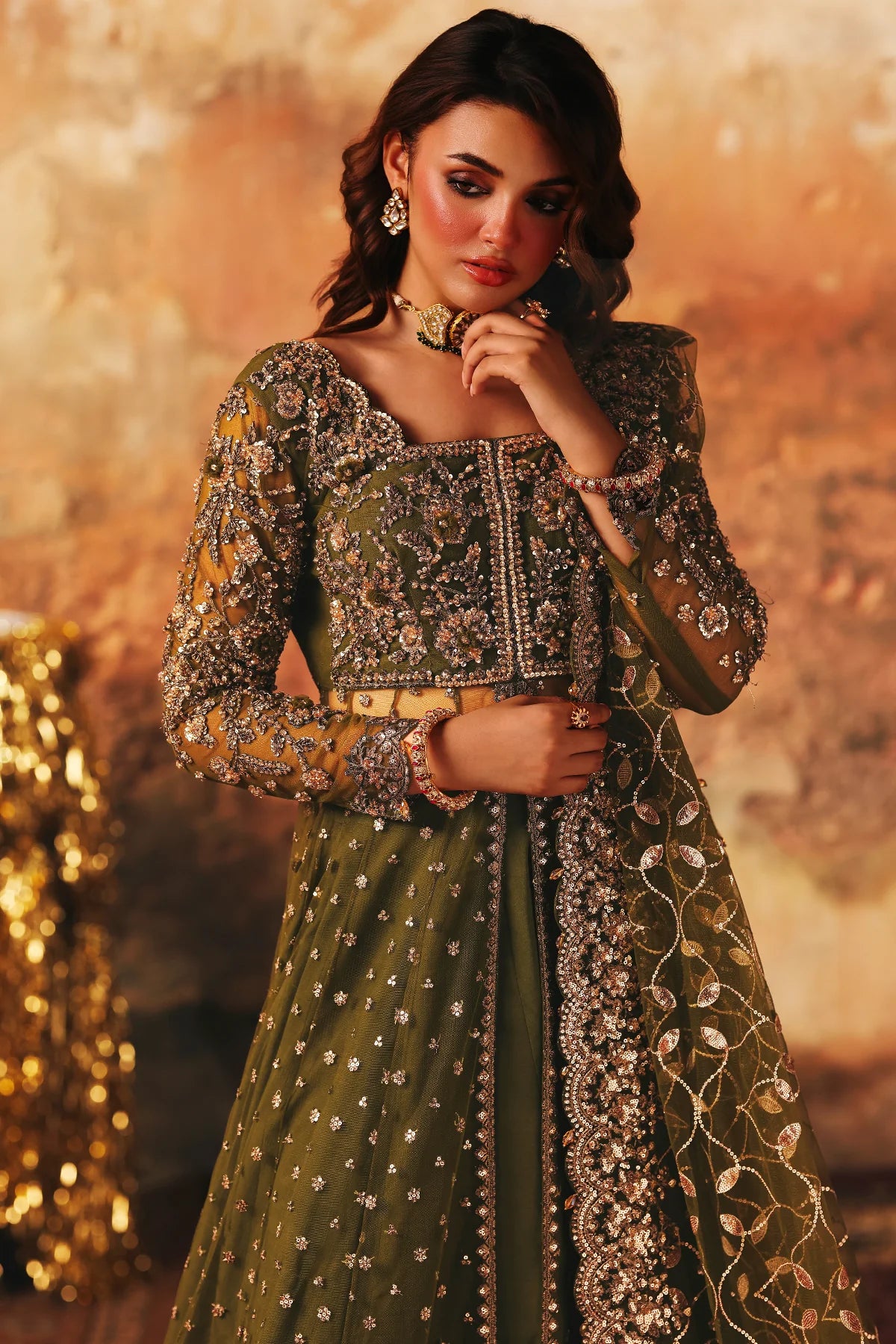 Charizma STM-5-03 Olive Green Net Pishwas with Hand Embroidery, Sharara & Sequin Dupatta for Weddings – Pakistanimoda