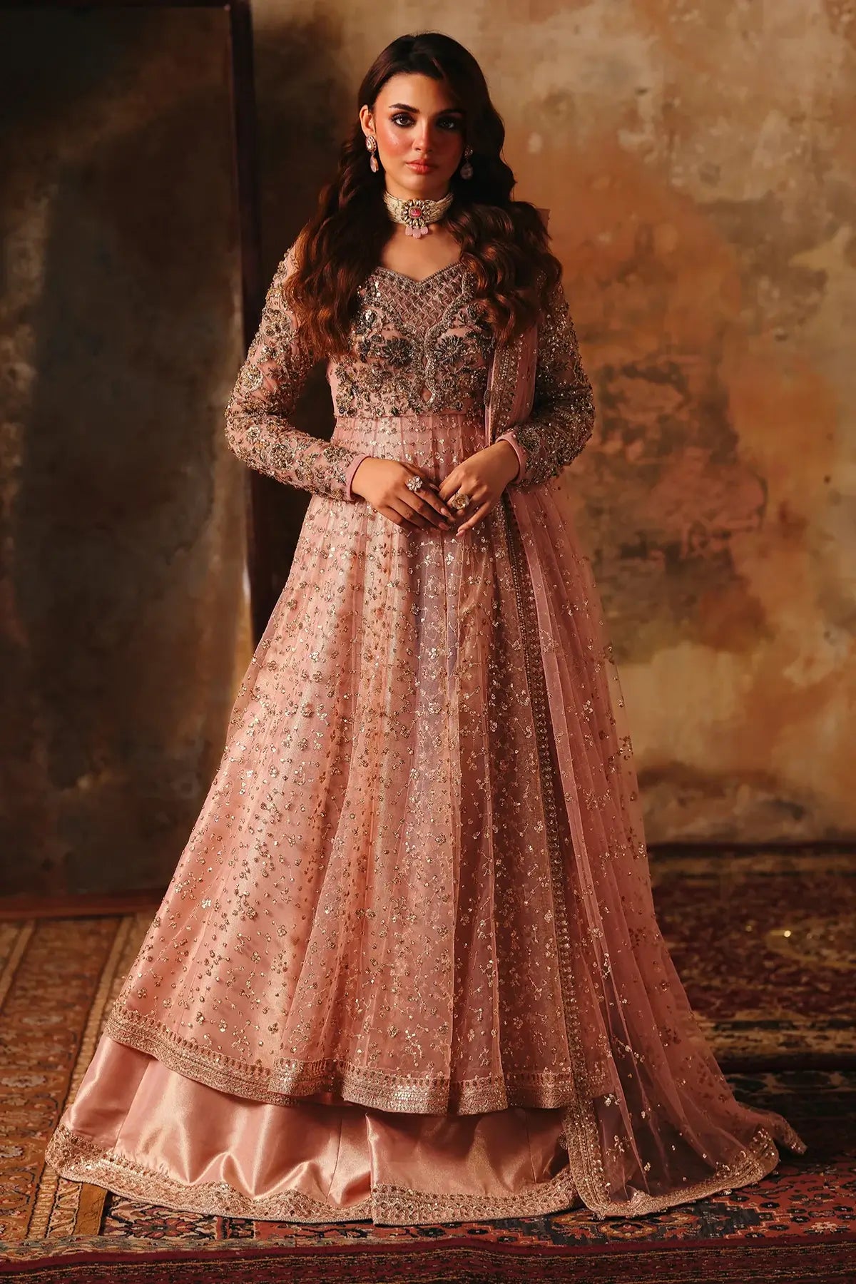 STM-5-06 Charizma Mahsuri rose gold net pishwas with tissue sharara and sequin border net dupatta 3PC RTW