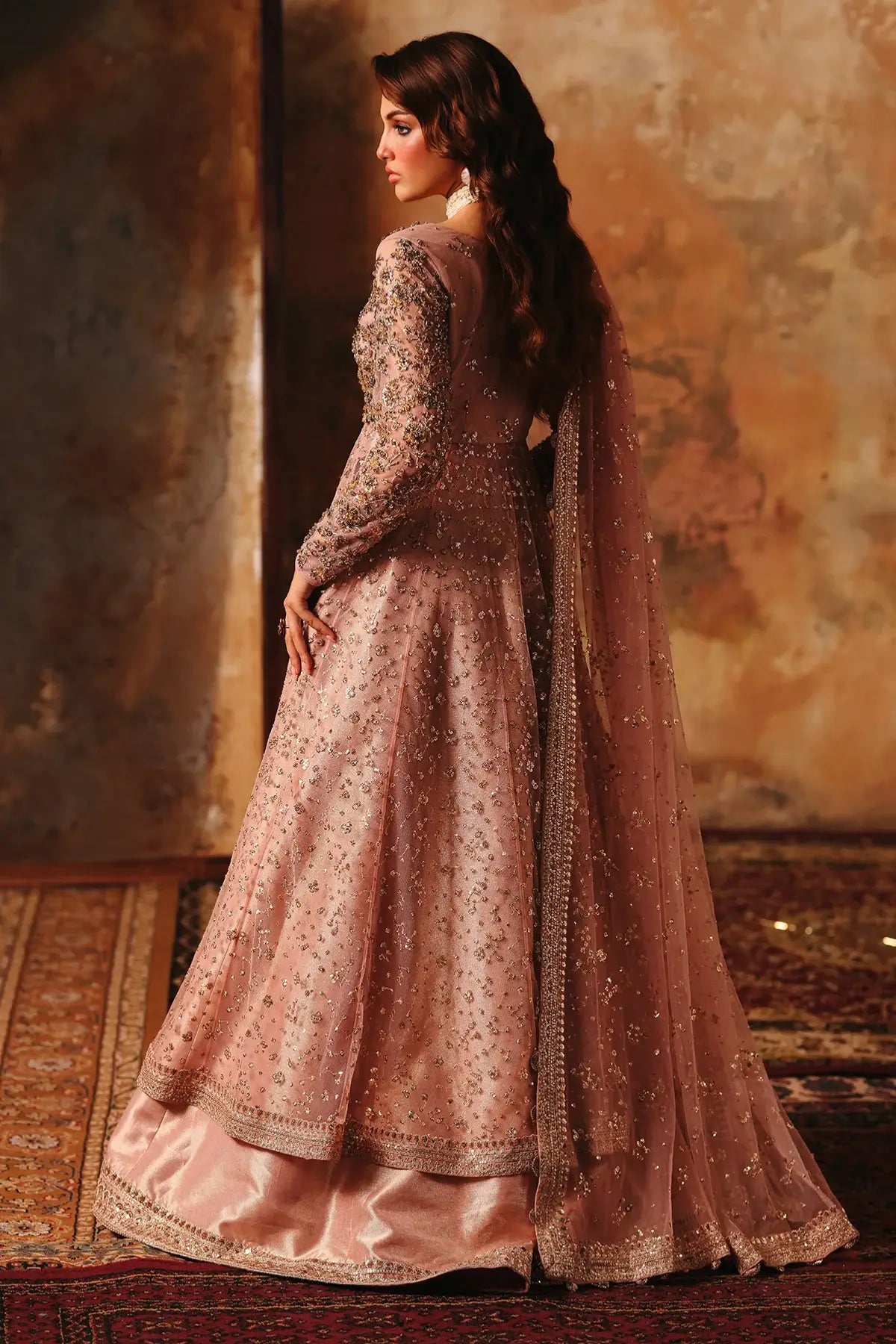 STM-5-06 Charizma Mahsuri rose gold net pishwas with tissue sharara and sequin border net dupatta 3PC RTW