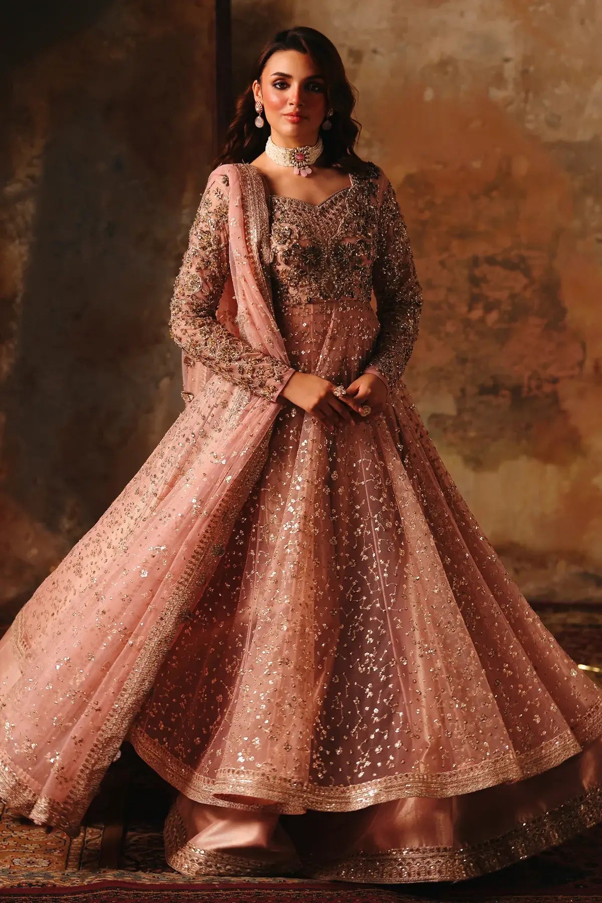 STM-5-06 Charizma Mahsuri rose gold net pishwas with tissue sharara and sequin border net dupatta 3PC RTW