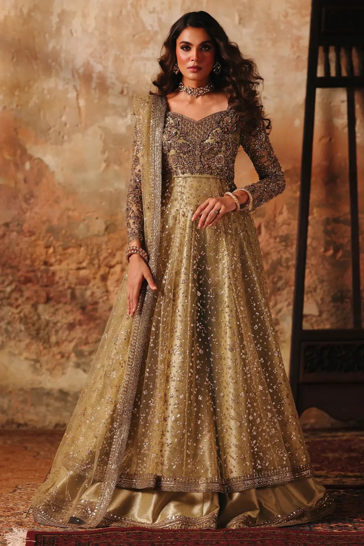 STM-5-07 Charizma Mahsuri pistachio green net pishwas with tissue sharara and sequin net dupatta 3PC RTW