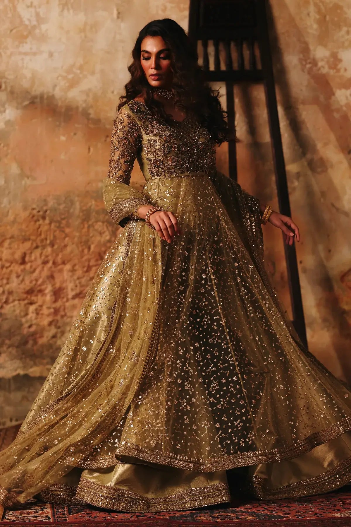 STM-5-07 Charizma Mahsuri pistachio green net pishwas with tissue sharara and sequin net dupatta 3PC RTW