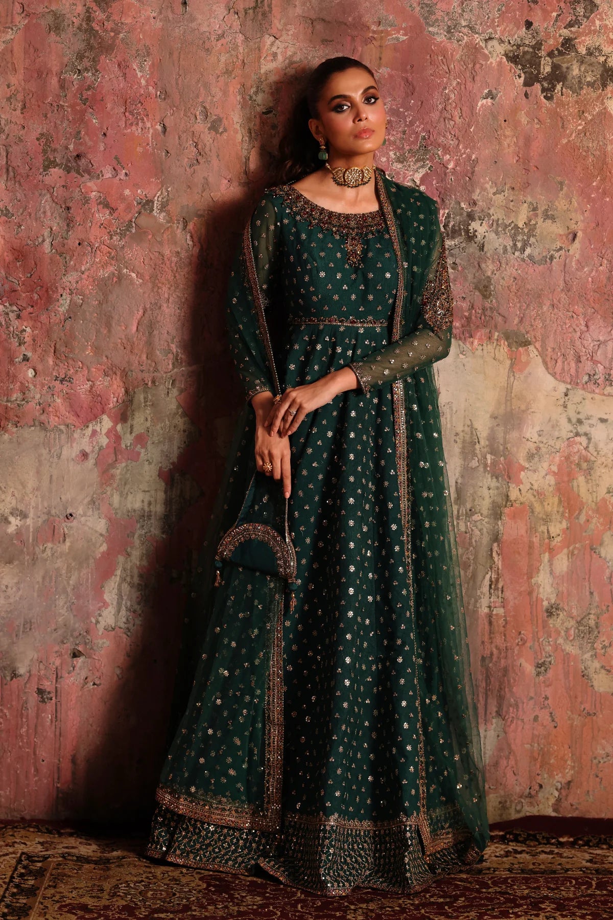 Charizma STM-5-08 Teal Net Pishwas with Handcrafted Zari, Sequin & Resham Work for Winter Weddings – Pakistanimoda
