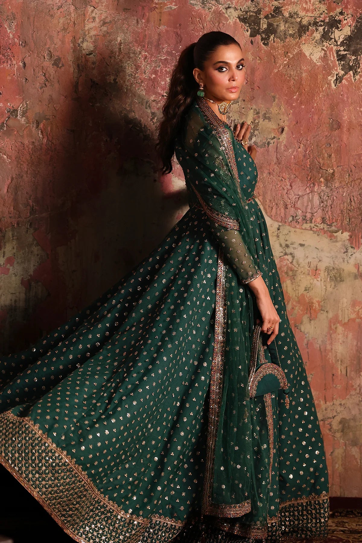 Charizma STM-5-08 Teal Net Pishwas with Handcrafted Zari, Sequin & Resham Work for Winter Weddings – Pakistanimoda