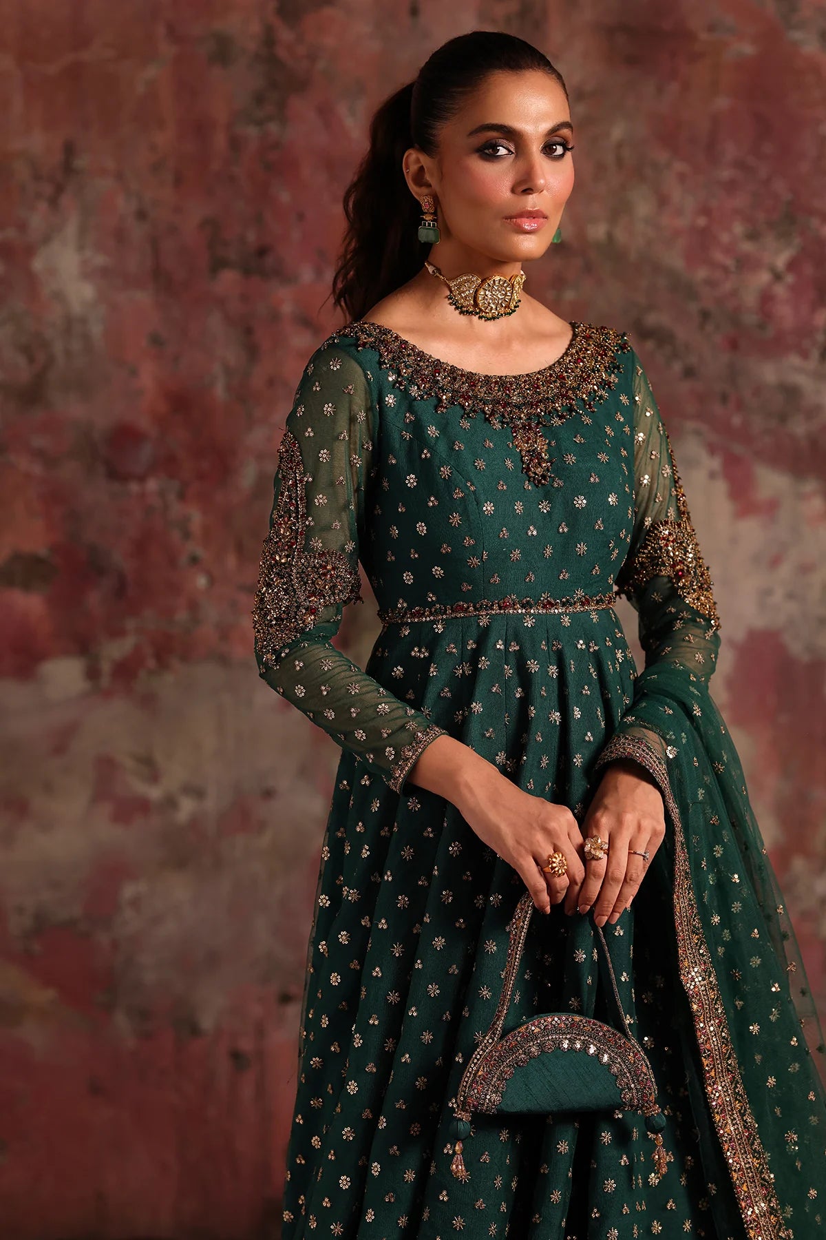 Charizma STM-5-08 Teal Net Pishwas with Handcrafted Zari, Sequin & Resham Work for Winter Weddings – Pakistanimoda
