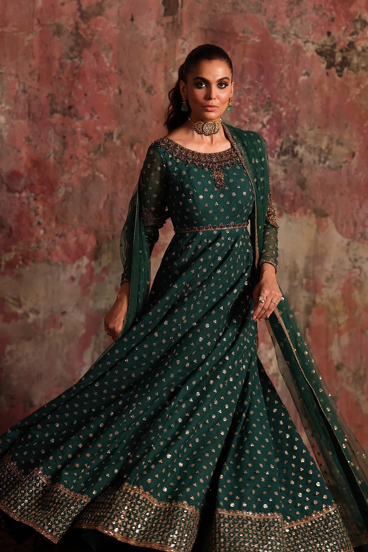 Charizma STM-5-08 Teal Net Pishwas with Handcrafted Zari, Sequin & Resham Work for Winter Weddings – Pakistanimoda