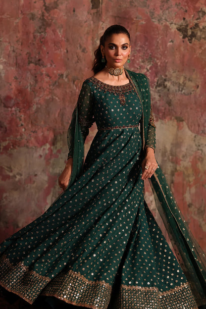 Charizma STM-5-08 Teal Net Pishwas with Handcrafted Zari, Sequin & Resham Work for Winter Weddings – Pakistanimoda