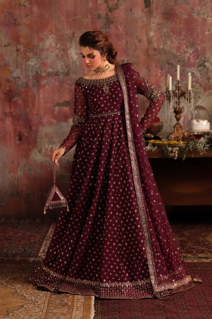 Charizma STM-5-09 Maroon Net Pishwas with Gold Zari, Sequin & Resham Embroidery for Reception Nights – Pakistanimoda
