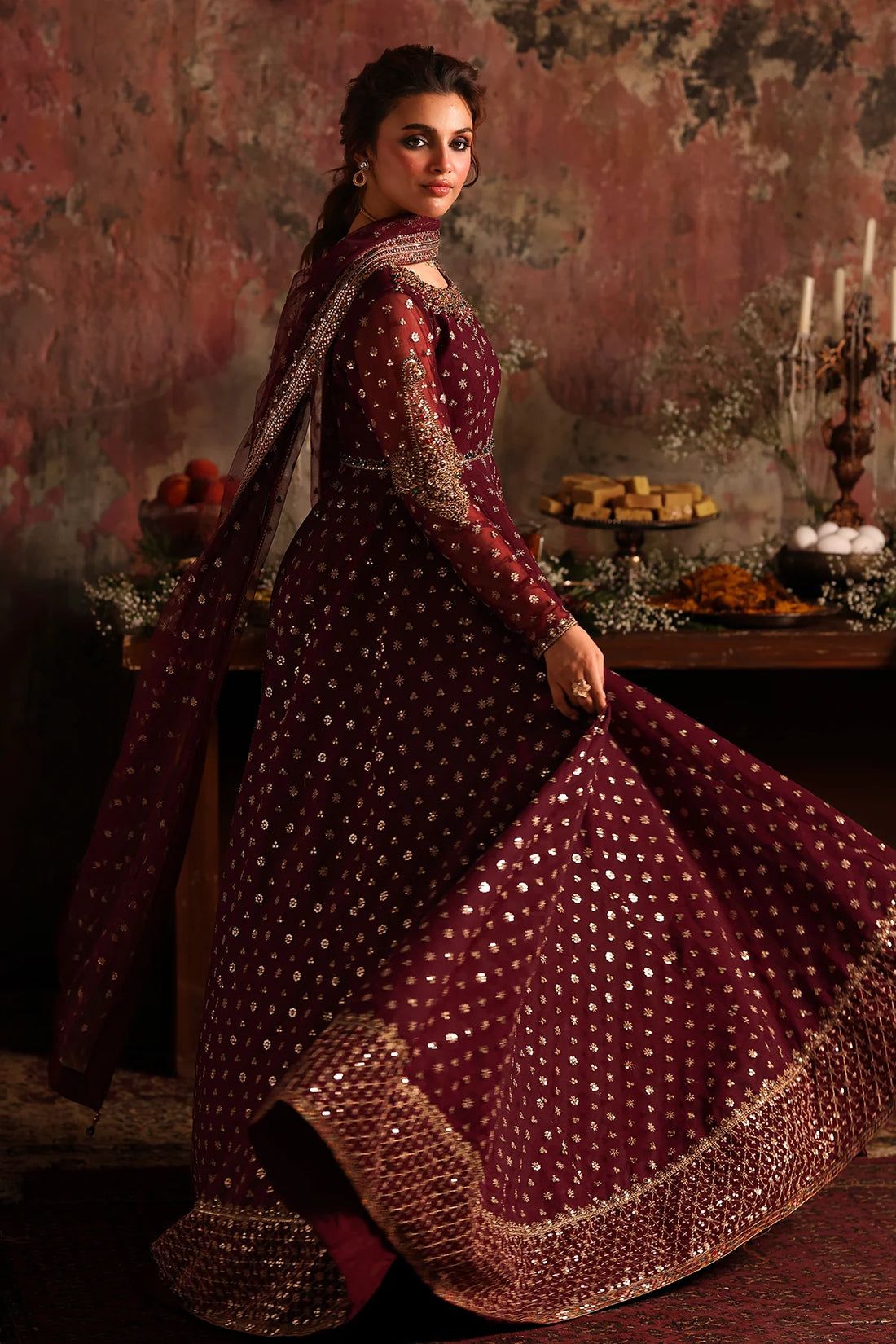 Charizma STM-5-09 Maroon Net Pishwas with Gold Zari, Sequin & Resham Embroidery for Reception Nights – Pakistanimoda
