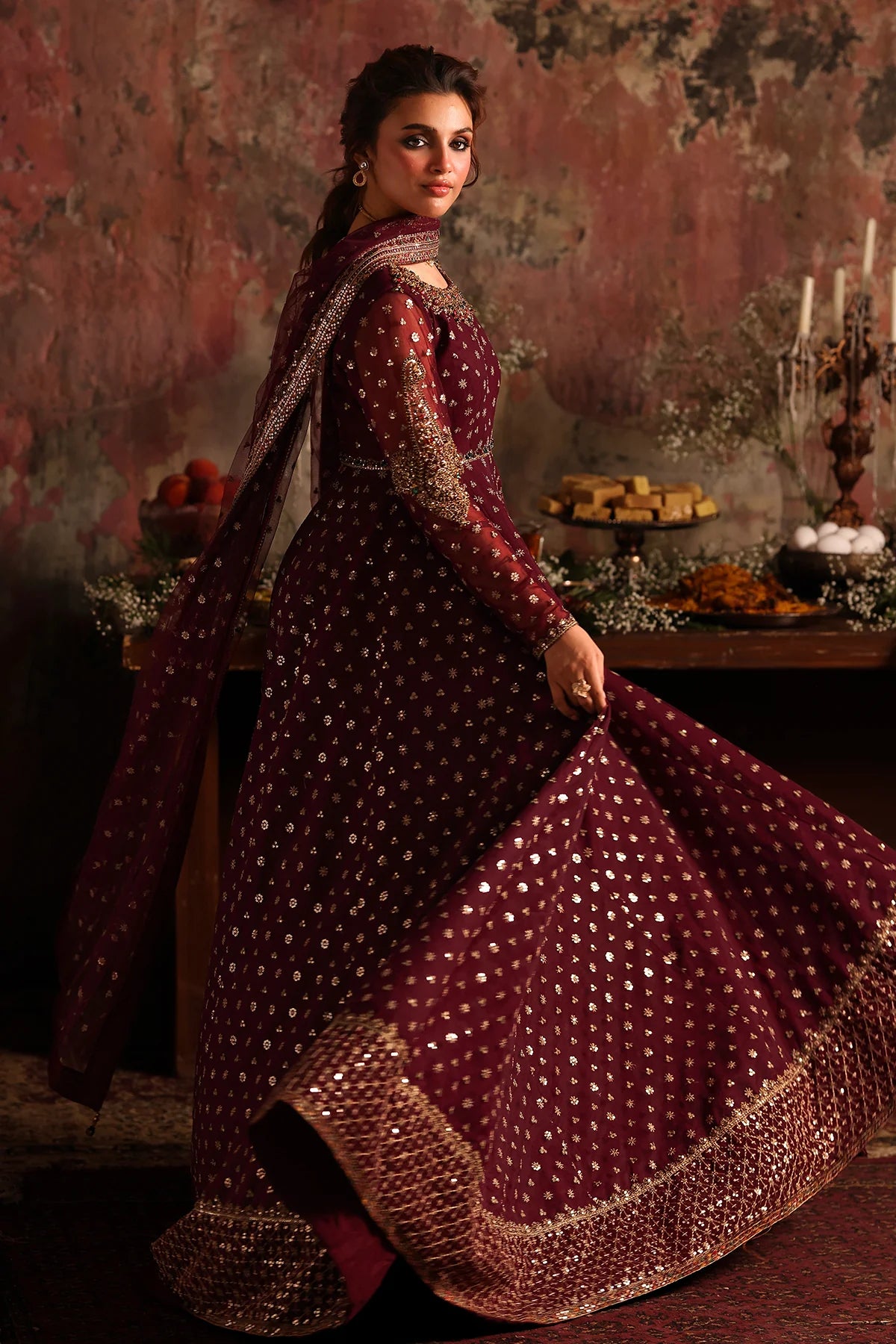 Charizma STM-5-09 Maroon Net Pishwas with Gold Zari, Sequin & Resham Embroidery for Reception Nights – Pakistanimoda