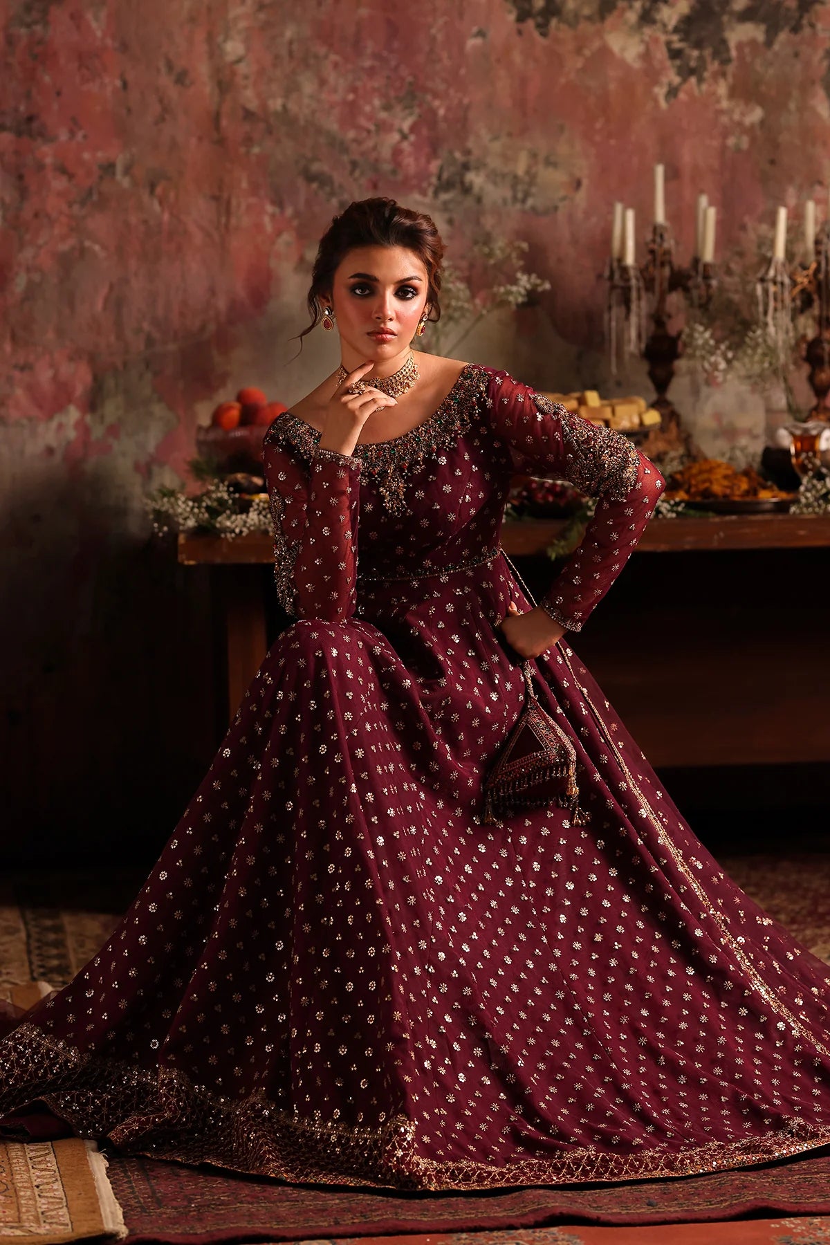 Charizma STM-5-09 Maroon Net Pishwas with Gold Zari, Sequin & Resham Embroidery for Reception Nights – Pakistanimoda