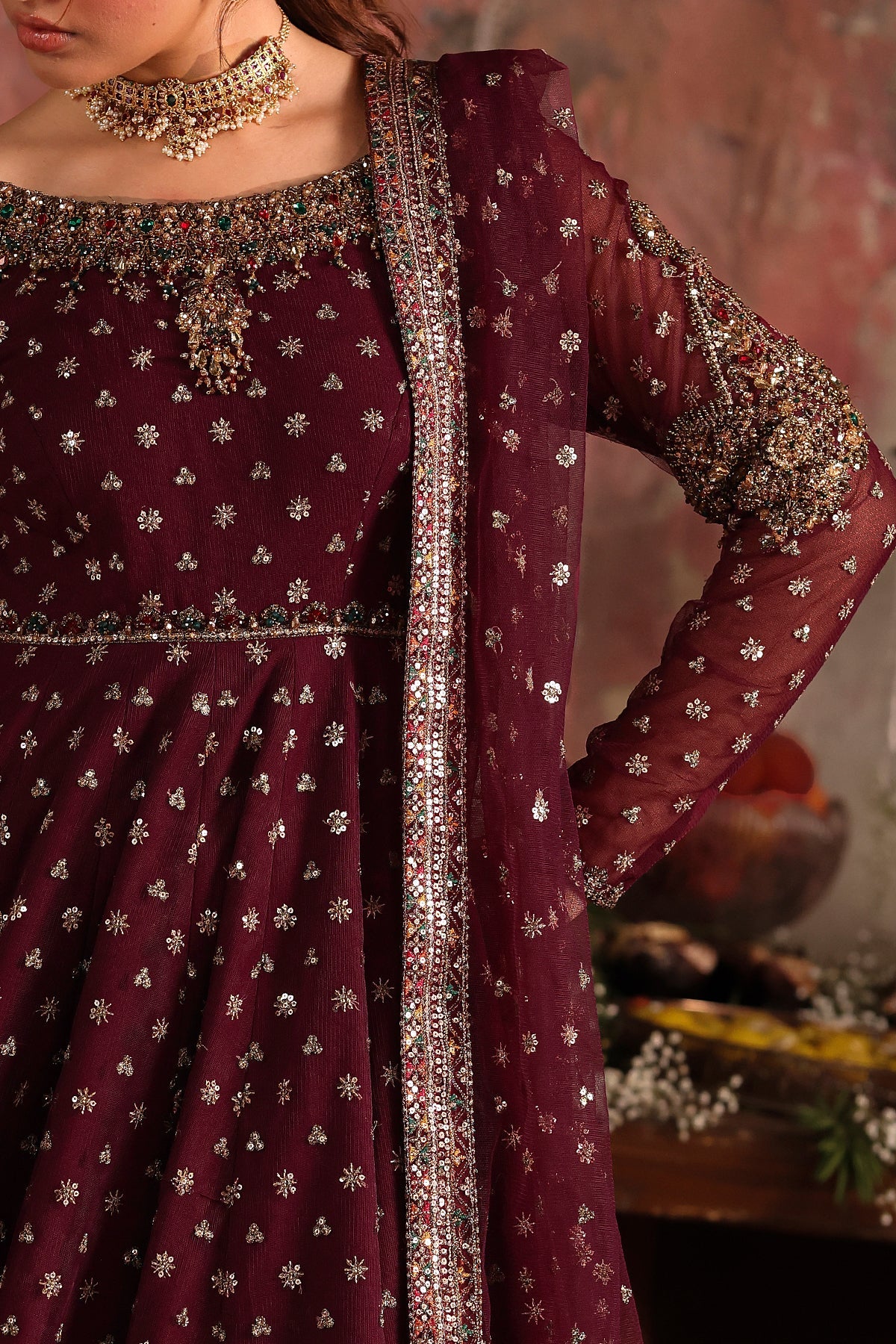 Charizma STM-5-09 Maroon Net Pishwas with Gold Zari, Sequin & Resham Embroidery for Reception Nights – Pakistanimoda