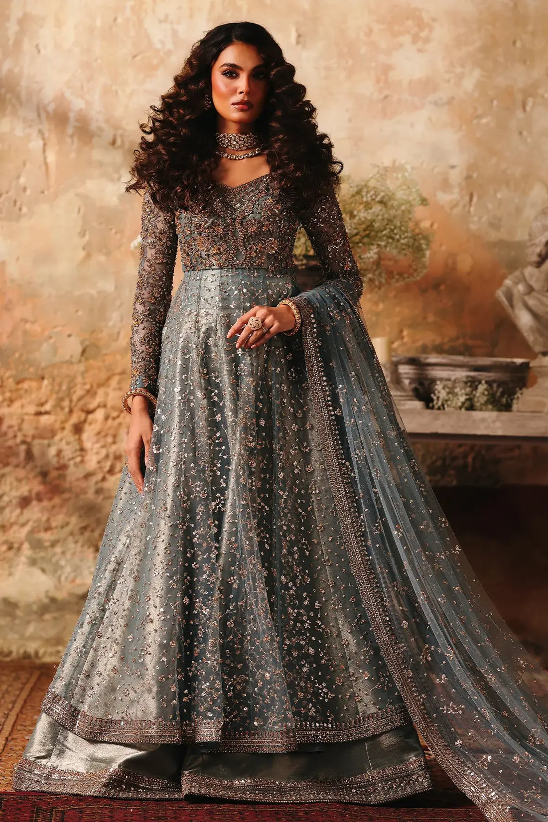 STM 25-014 Charizma Mahsuri blue net pishwas with tissue sharara and sequin border net dupatta 3PC RTW