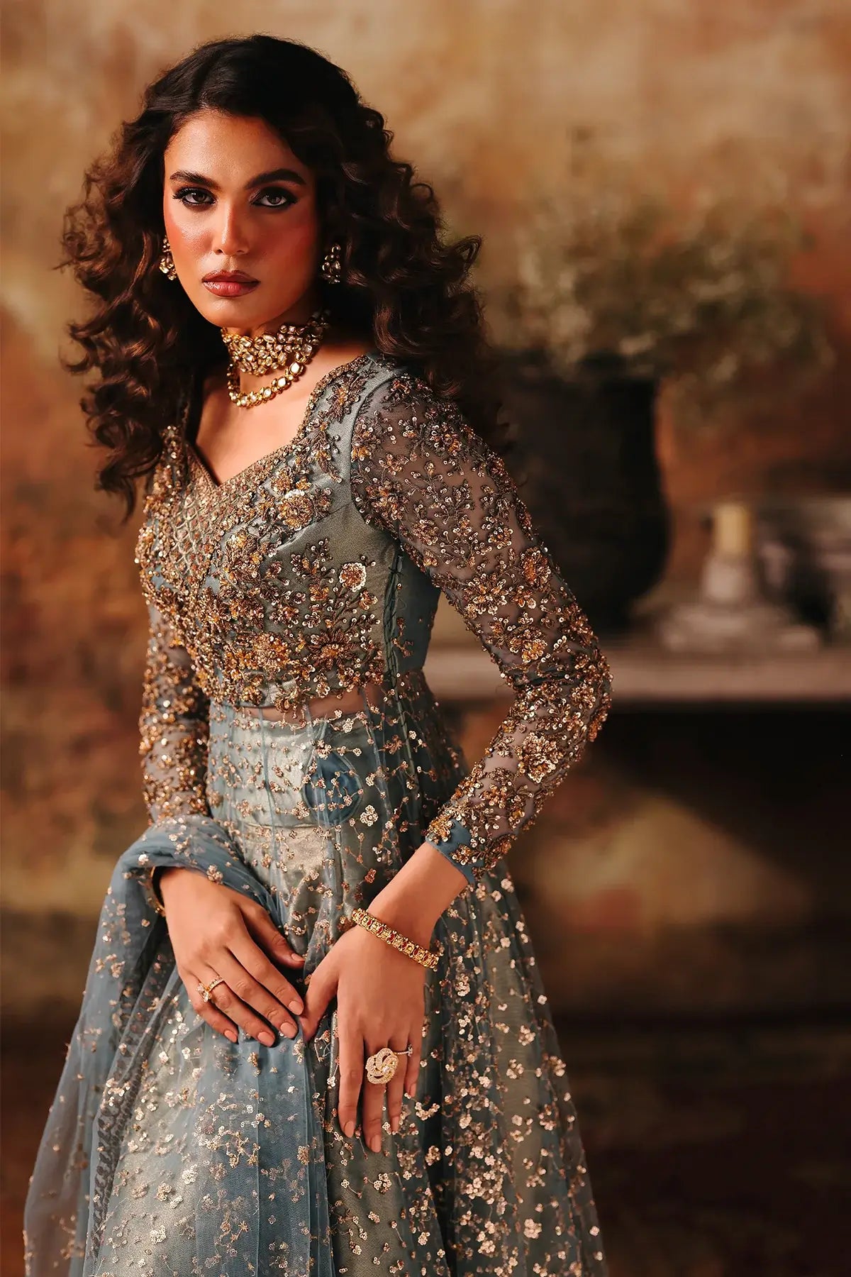 STM 25-014 Charizma Mahsuri blue net pishwas with tissue sharara and sequin border net dupatta 3PC RTW