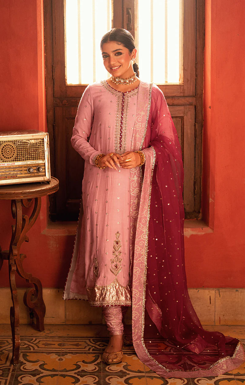 SUHA pink gold Pakistani outfit with Thai silk shirt, embellished chori dar pajama, and organza dupatta – formal stitched suit by Pakistanimoda.com