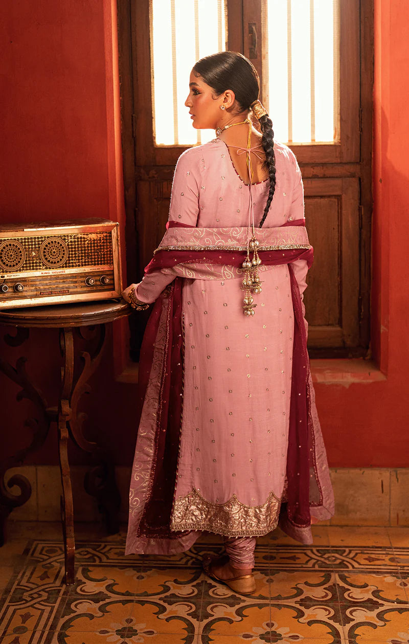 SUHA pink gold Pakistani outfit with Thai silk shirt, embellished chori dar pajama, and organza dupatta – formal stitched suit by Pakistanimoda.com