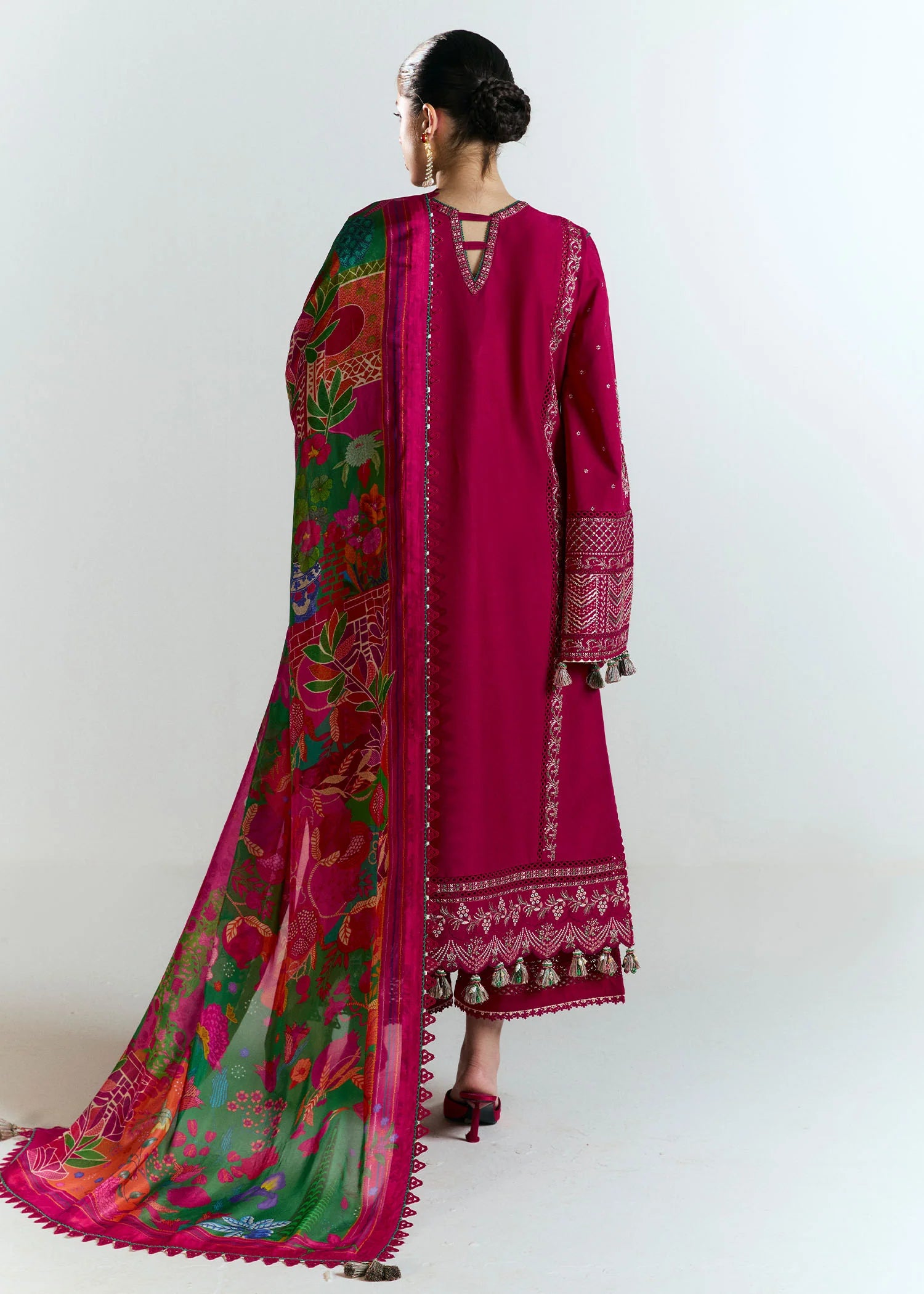 Saaha-Embroidered red lawn suit for weddings and celebrations by-Hussain rehar