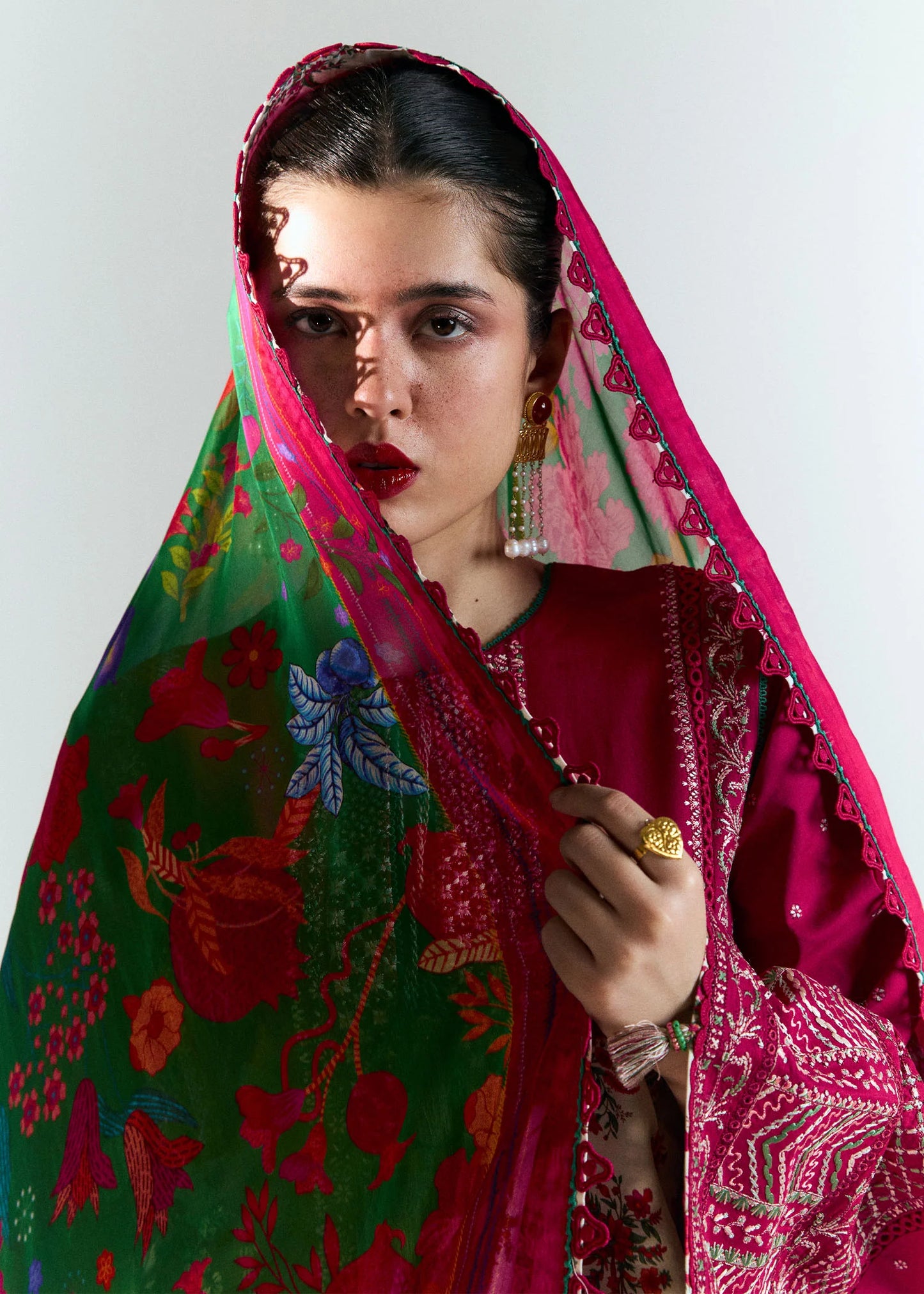 Saaha-Embroidered red lawn suit for weddings and celebrations by-Hussain rehar