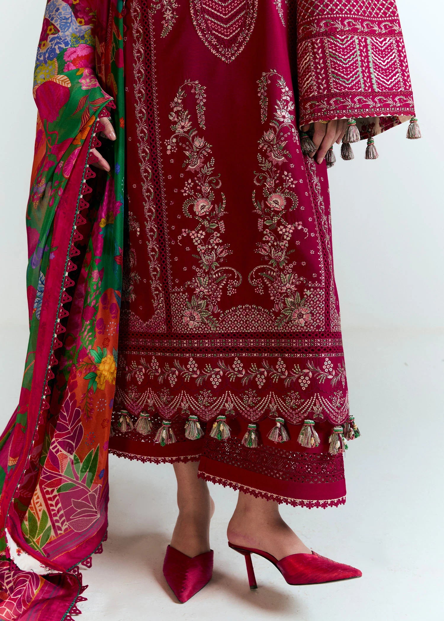 Saaha-Embroidered red lawn suit for weddings and celebrations by-Hussain rehar