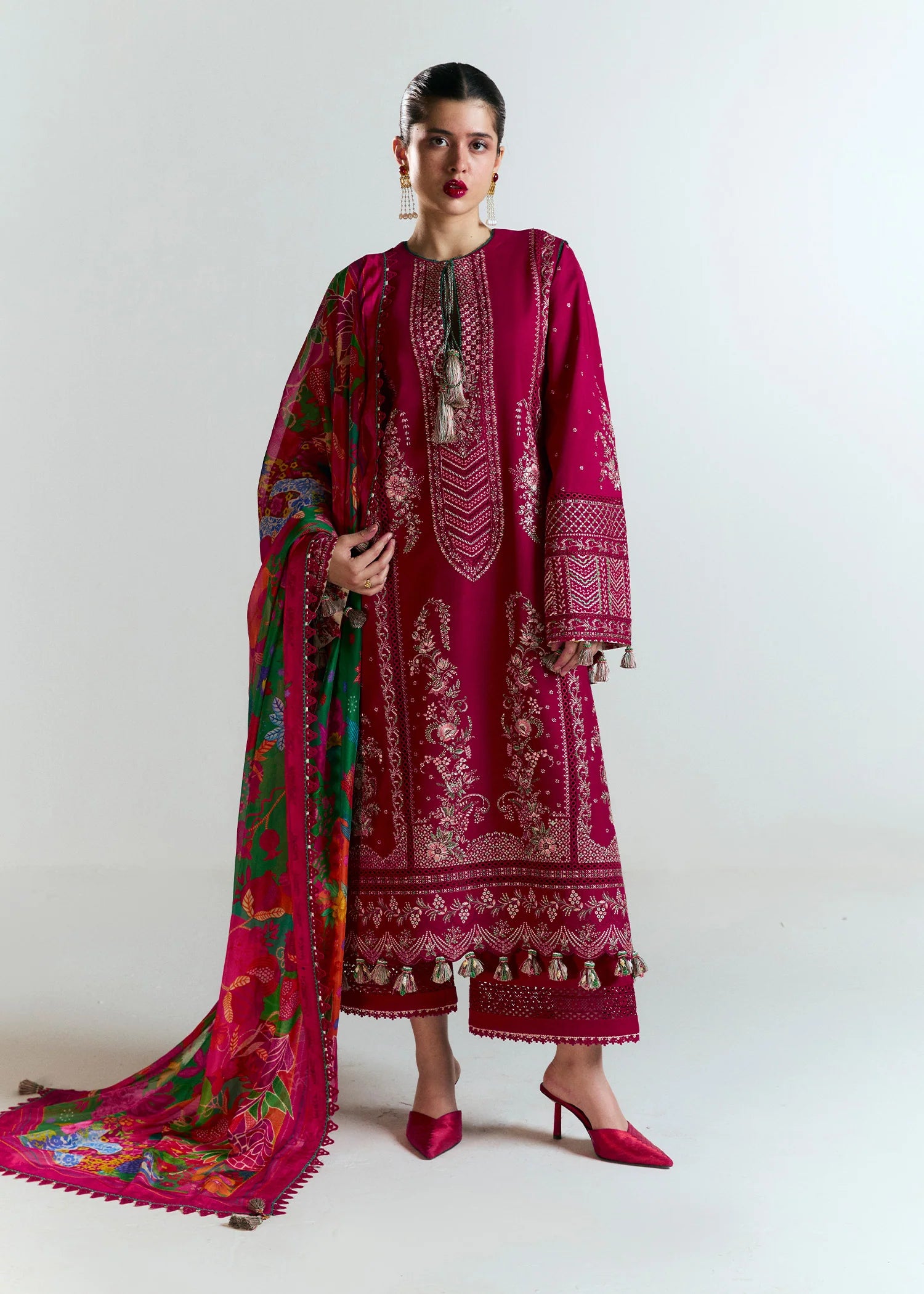 Saaha-Embroidered red lawn suit for weddings and celebrations by-Hussain rehar