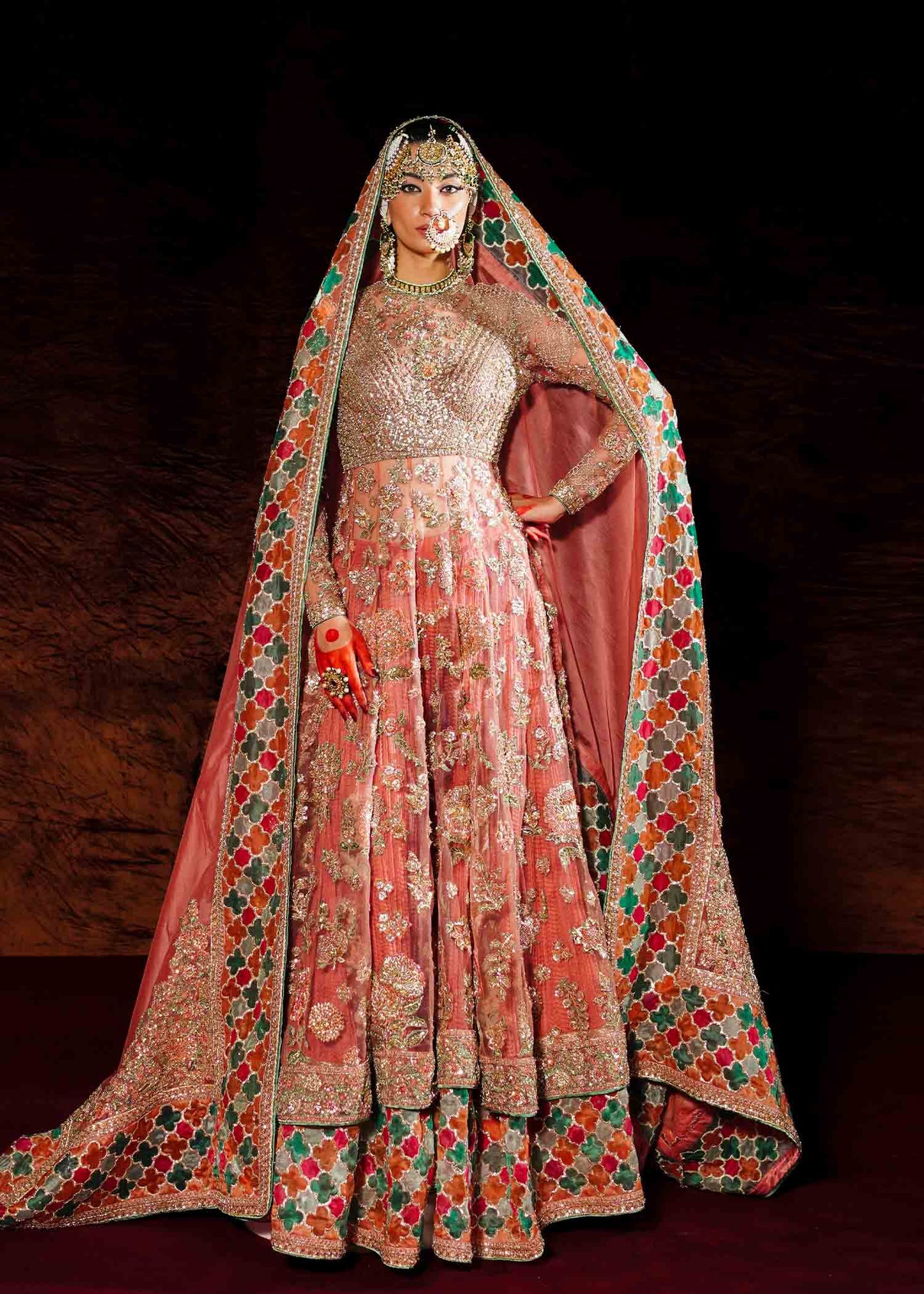 Saaz-Rose Gold Net Peshwas with Crushed Sharara