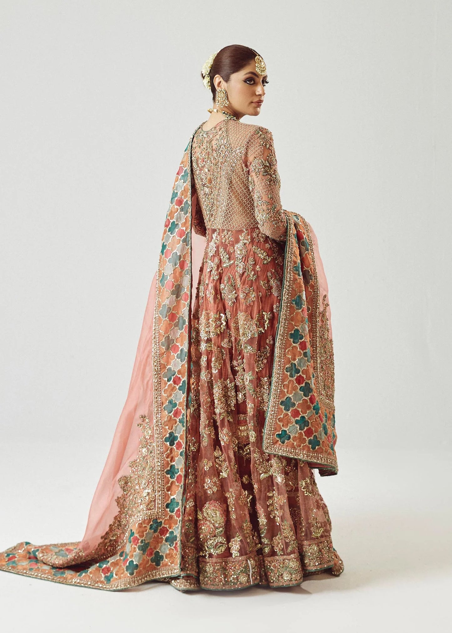 Saaz-Rose Gold Net Peshwas with Crushed Sharara