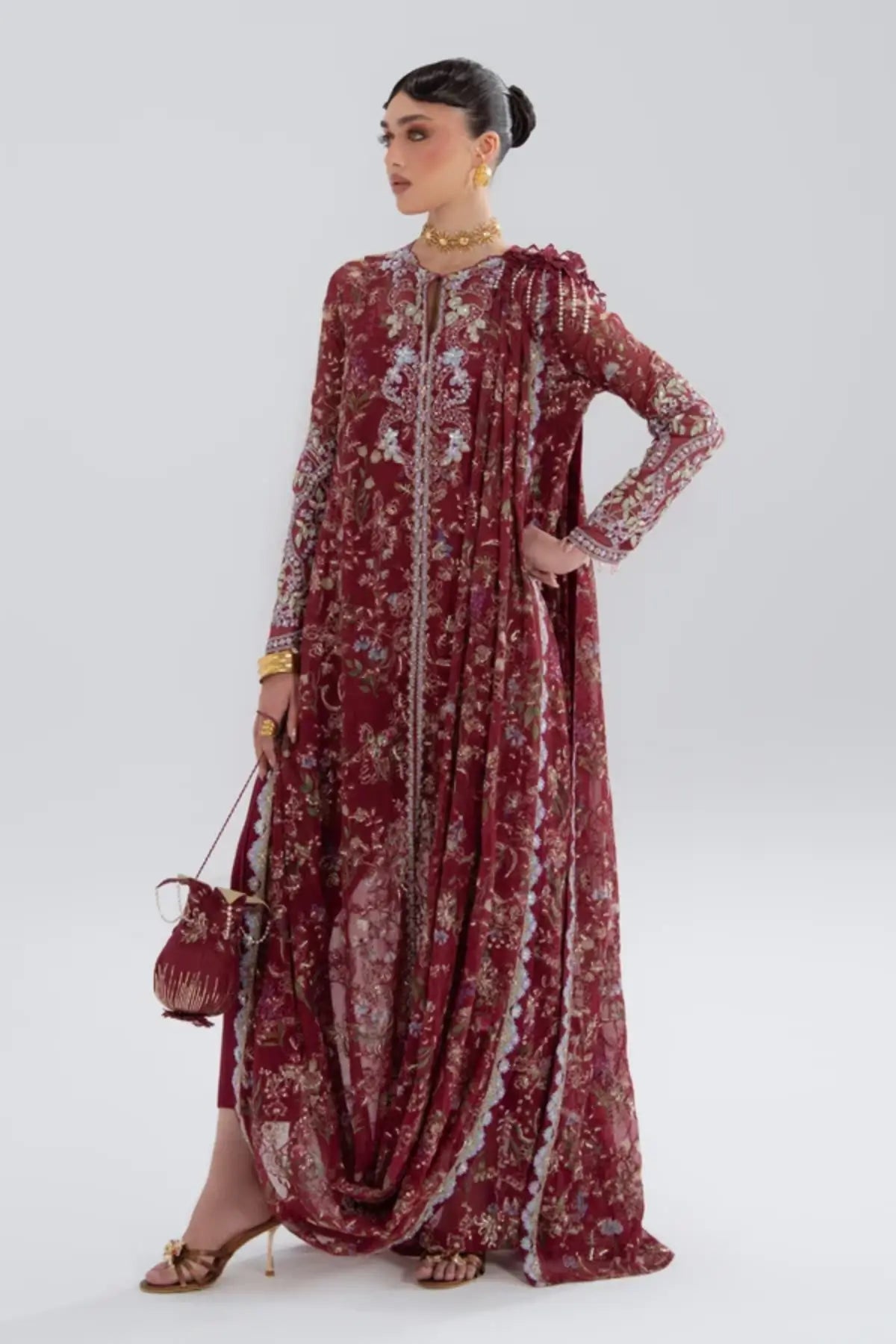 Saaz Soraya Silk Edit '26 cherry red printed chiffon 3PC suit with draped jacket and raw silk trousers