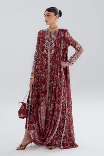 Saaz Soraya Silk Edit '26 cherry red printed chiffon 3PC suit with draped jacket and raw silk trousers