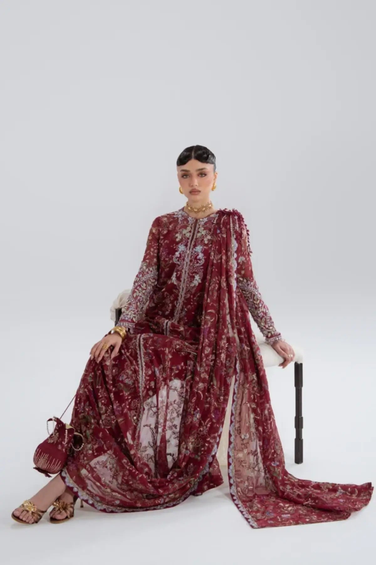 Saaz Soraya Silk Edit '26 cherry red printed chiffon 3PC suit with draped jacket and raw silk trousers