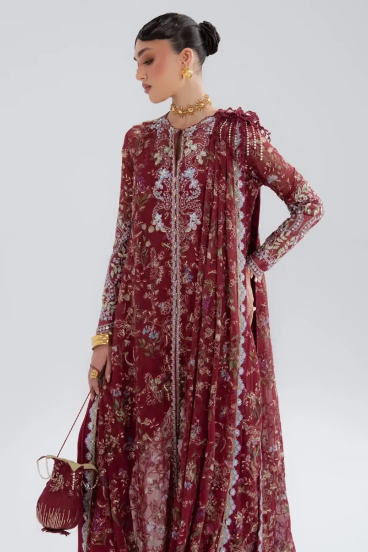 Saaz Soraya Silk Edit '26 cherry red printed chiffon 3PC suit with draped jacket and raw silk trousers