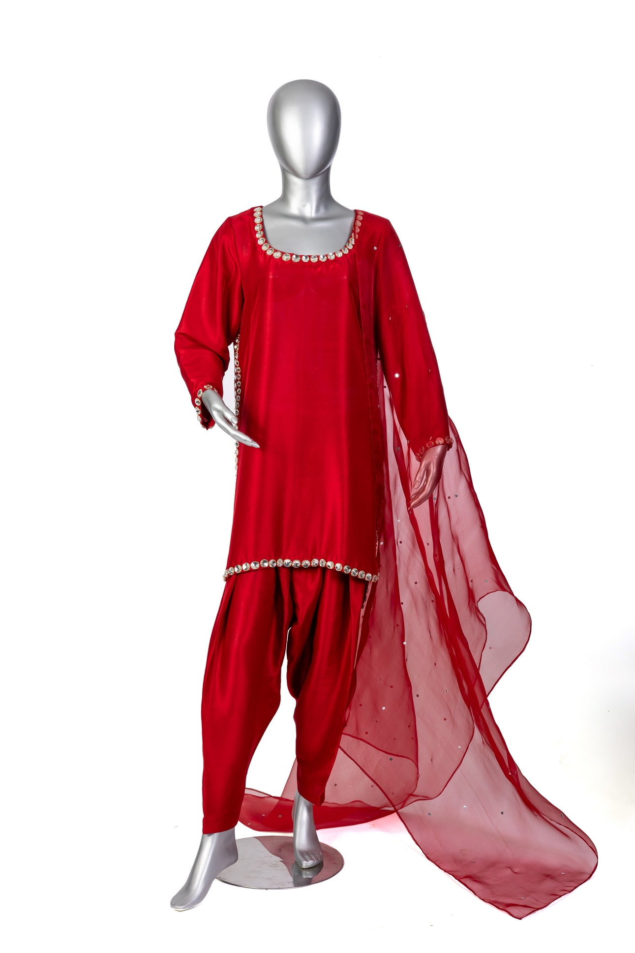 Sabeen red pure raw silk suit with stone-embellished shirt, straight shalwar, and organza dupatta for casual day wear by MariamRaj