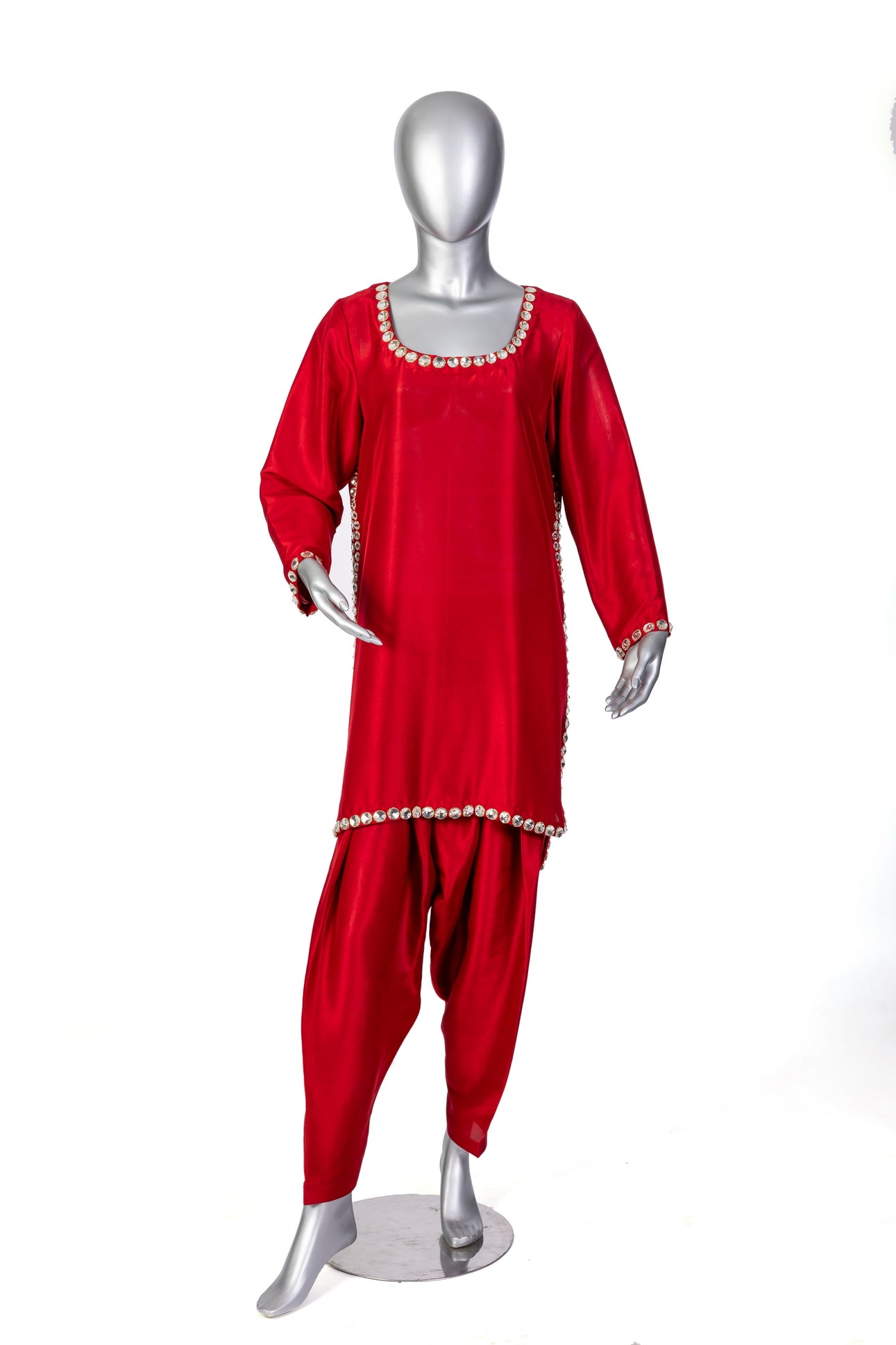 Sabeen red pure raw silk suit with stone-embellished shirt, straight shalwar, and organza dupatta for casual day wear by MariamRaj