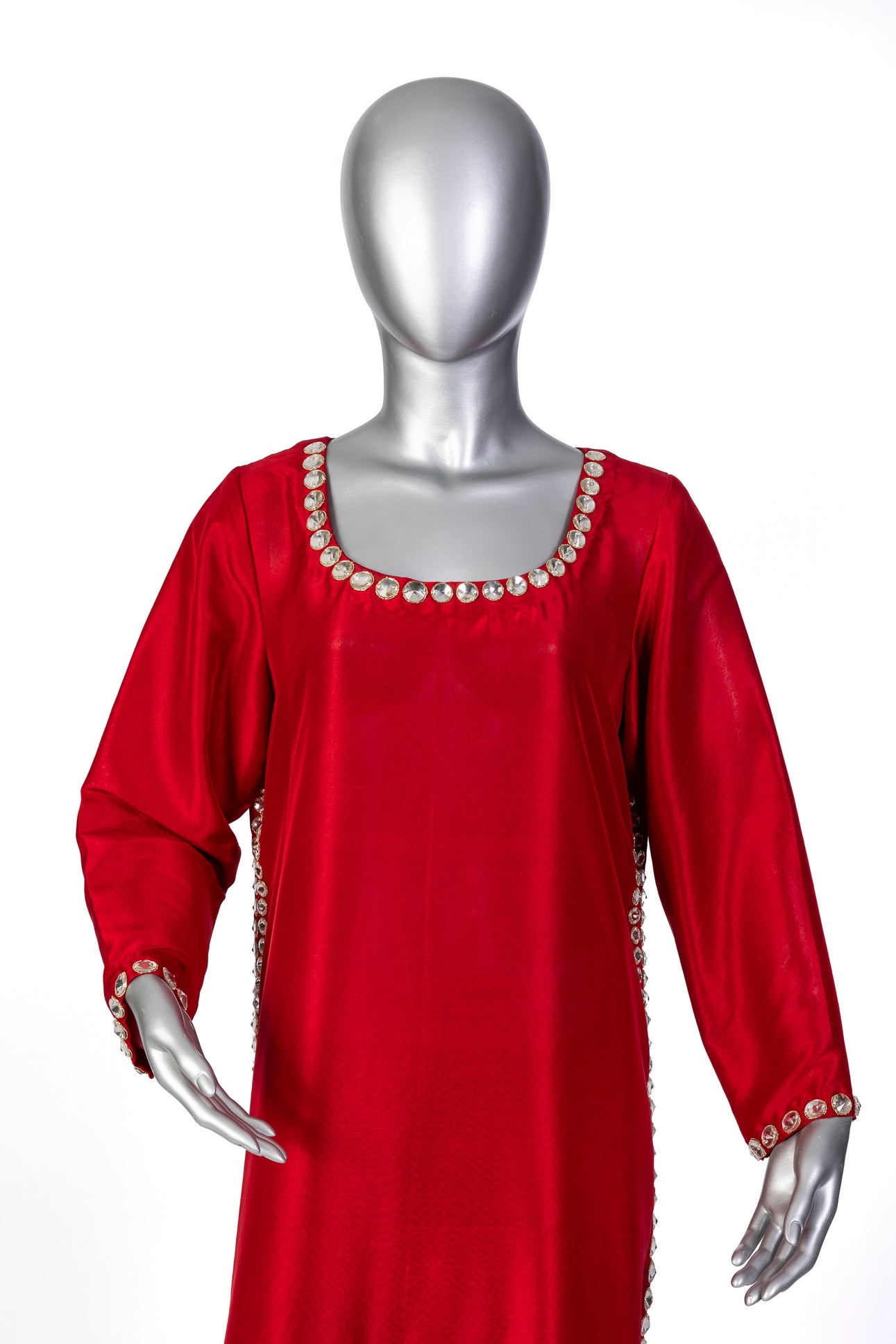 Sabeen red pure raw silk suit with stone-embellished shirt, straight shalwar, and organza dupatta for casual day wear by MariamRaj