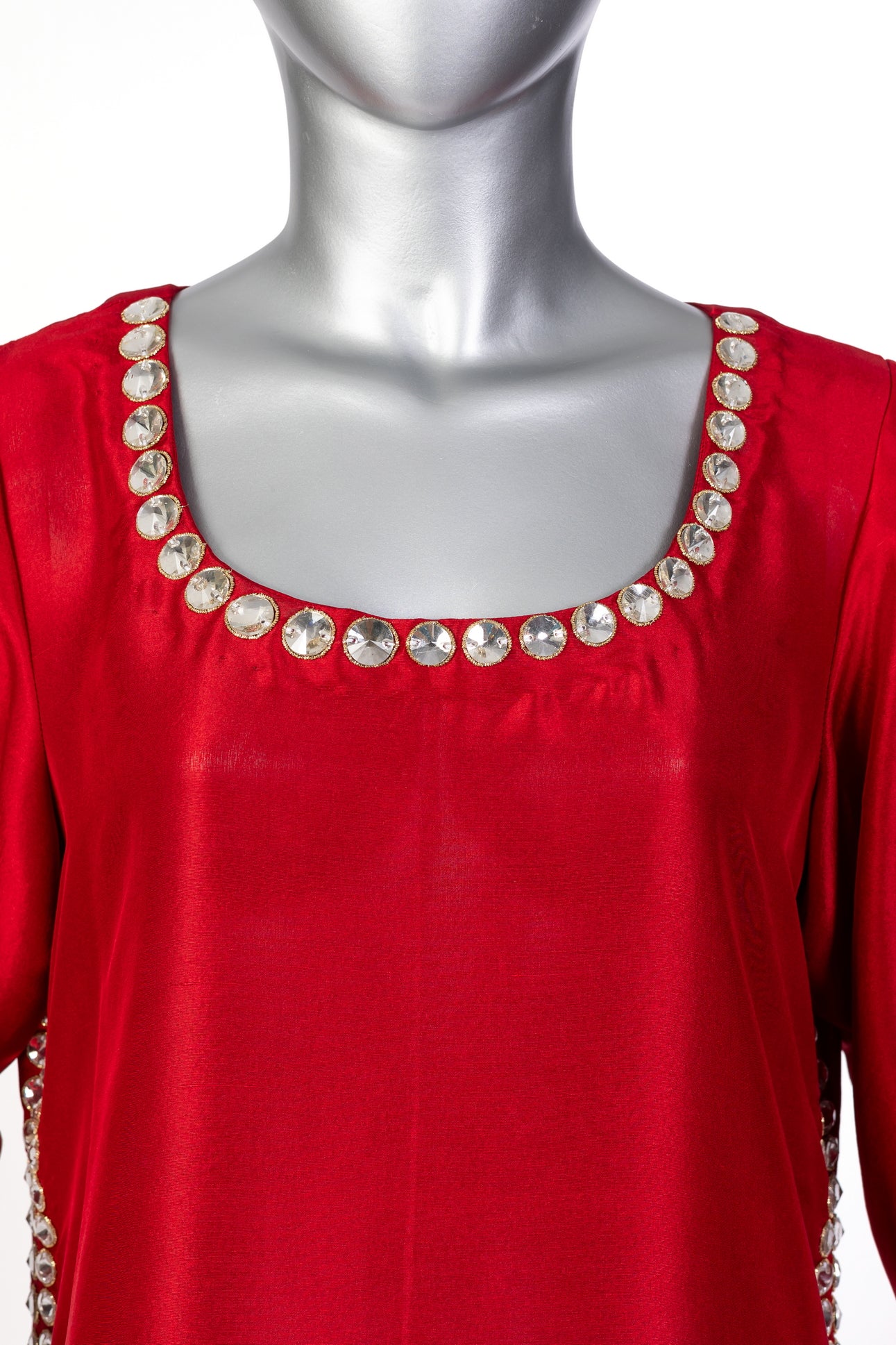 Sabeen red pure raw silk suit with stone-embellished shirt, straight shalwar, and organza dupatta for casual day wear by MariamRaj