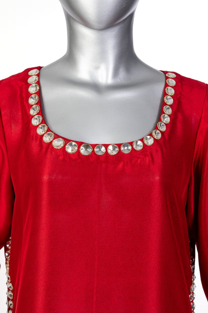 Sabeen red pure raw silk suit with stone-embellished shirt, straight shalwar, and organza dupatta for casual day wear by MariamRaj