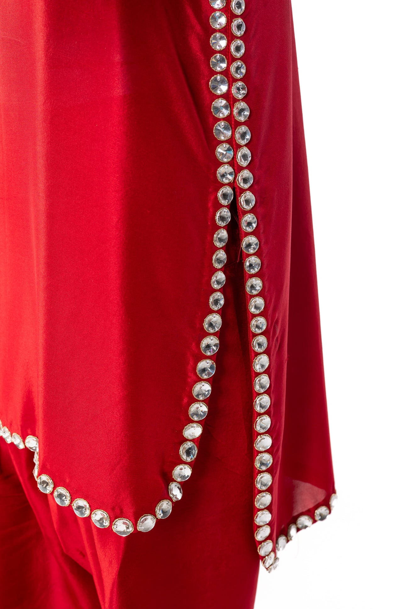 Sabeen red pure raw silk suit with stone-embellished shirt, straight shalwar, and organza dupatta for casual day wear by MariamRaj