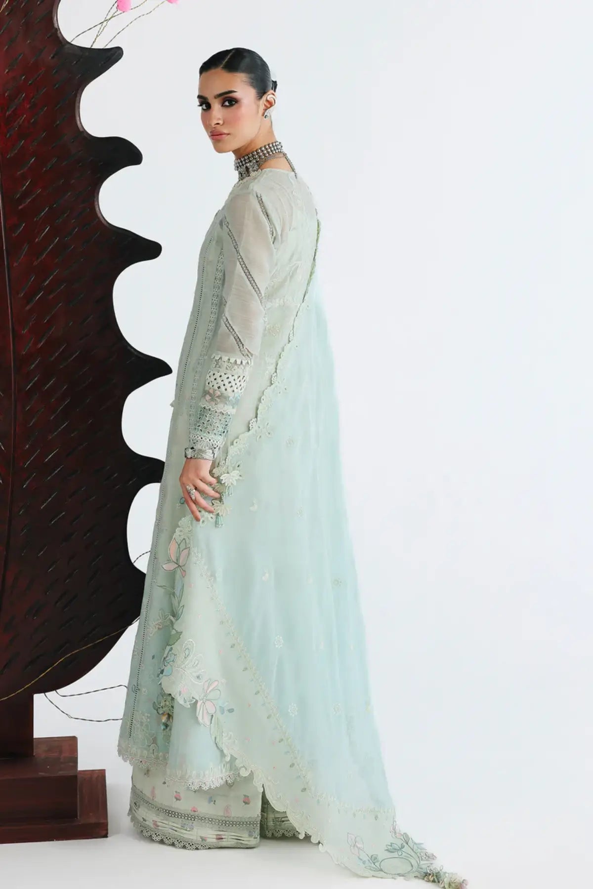 Sabel QFL-08 mint embroidered stitched 3PC suit by Qalamkar with chiffon dupatta festive lawn 2026