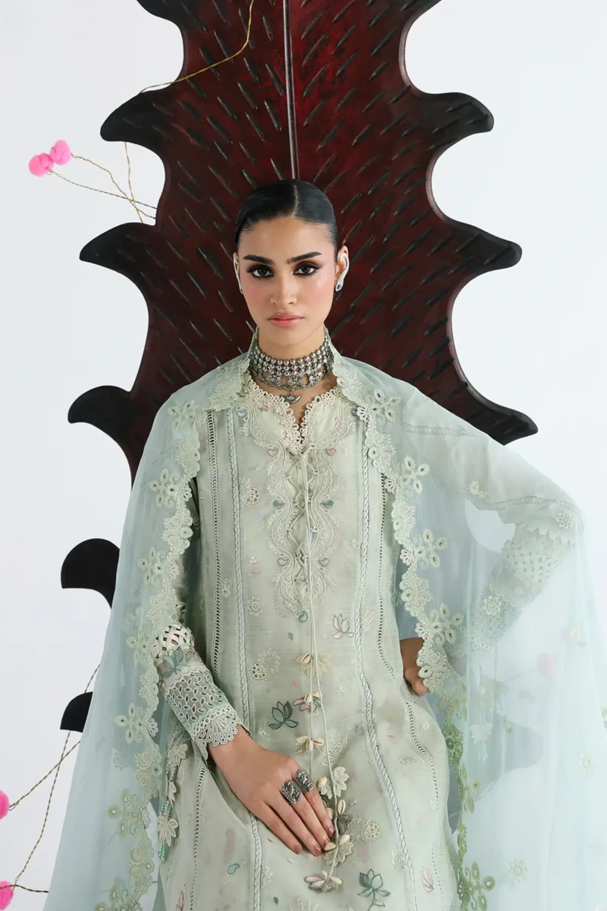 Sabel QFL-08 mint embroidered stitched 3PC suit by Qalamkar with chiffon dupatta festive lawn 2026
