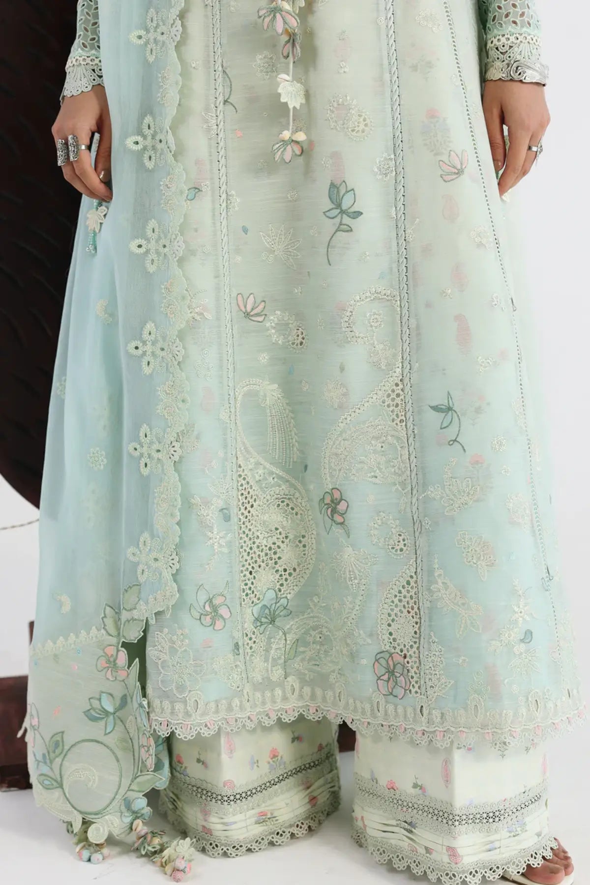 Sabel QFL-08 mint embroidered stitched 3PC suit by Qalamkar with chiffon dupatta festive lawn 2026