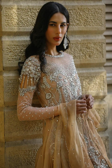 Sabiha Beige Handmade Long Net Formal Shirt with Silver Zardozi and Cut Stone Embellishments, Raw Silk Pants and Organza Dupatta