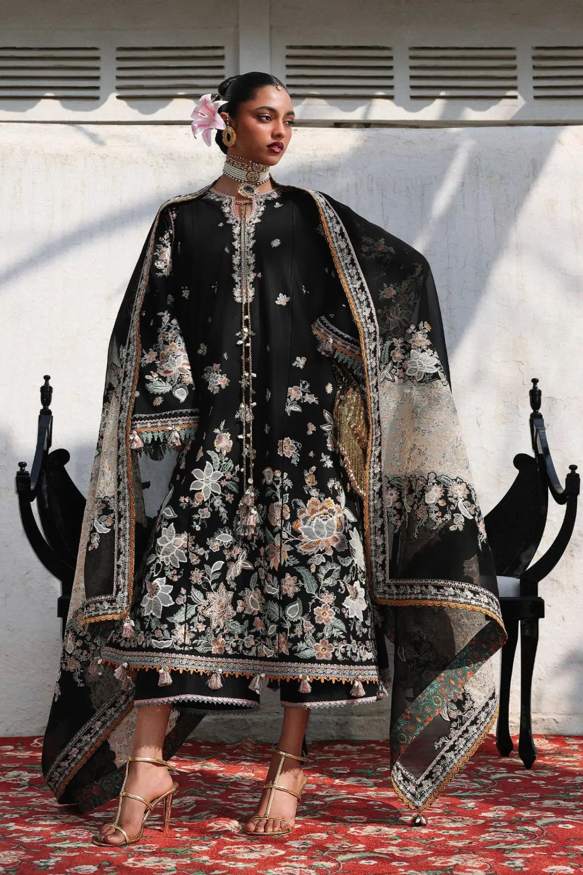 Hussain Rehar Sable black lawn suit with floral embroidery and color-block organza dupatta