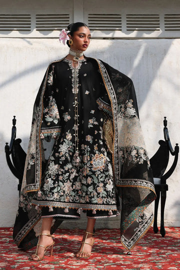 Hussain Rehar Sable black lawn suit with floral embroidery and color-block organza dupatta