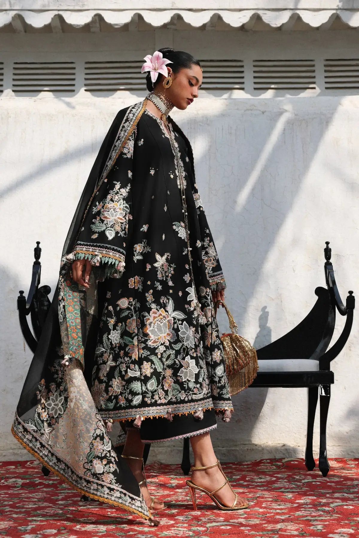 Hussain Rehar Sable black lawn suit with floral embroidery and color-block organza dupatta