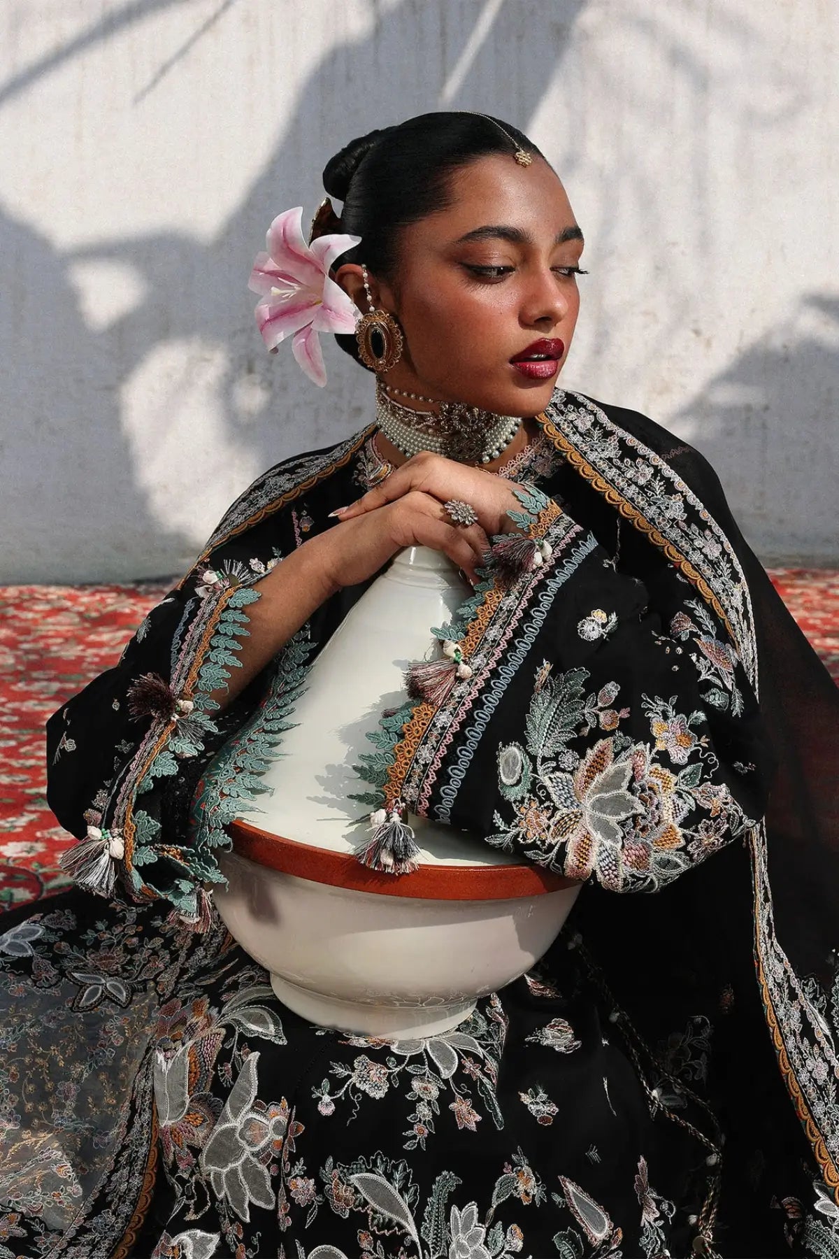 Hussain Rehar Sable black lawn suit with floral embroidery and color-block organza dupatta