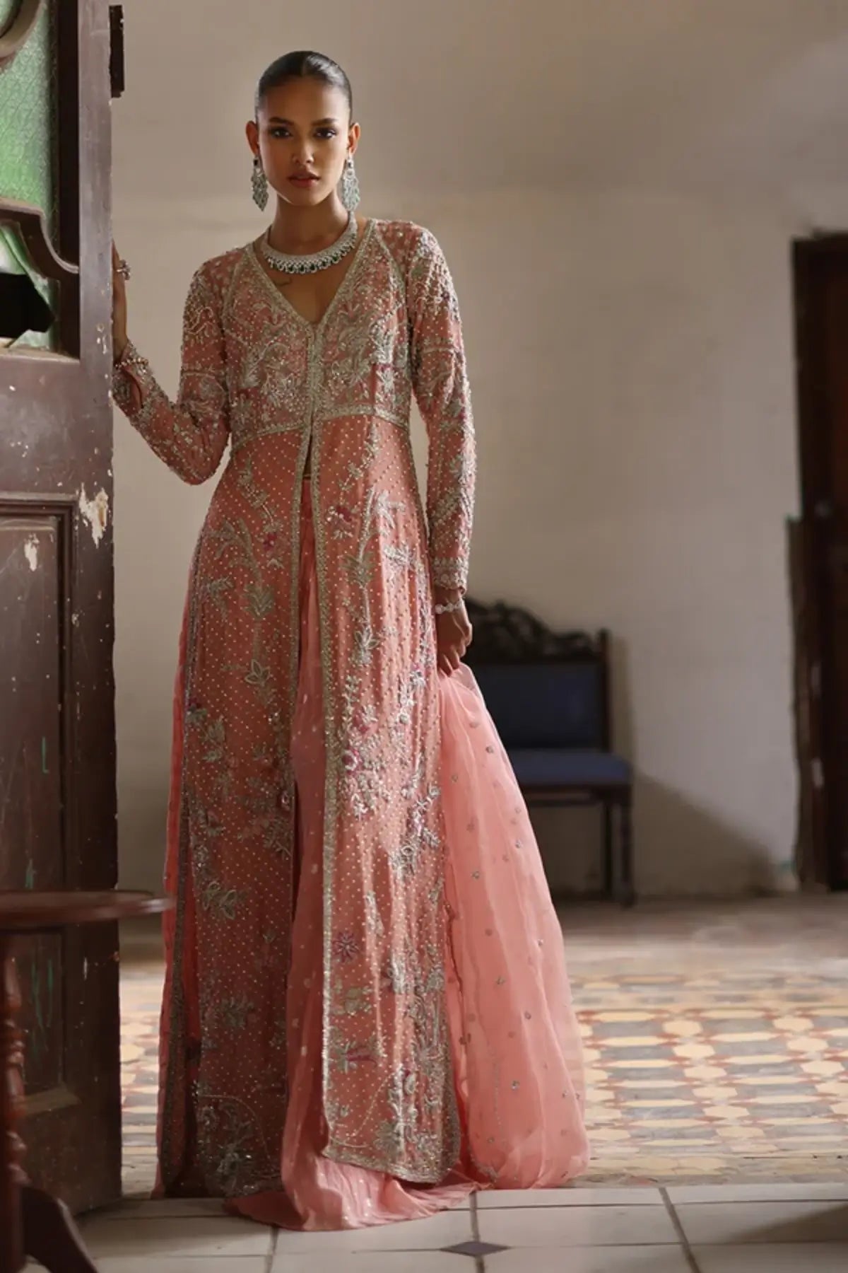 Sabrina Dusty Pink Mukesh Silk Net Nikkah Reception Pishwas with Silver Floral Embroidery, Crushed Silk Lehenga and Organza Dupatta