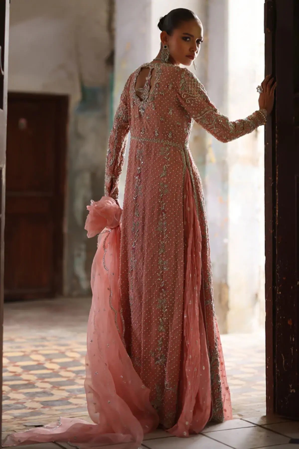 Sabrina Dusty Pink Mukesh Silk Net Nikkah Reception Pishwas with Silver Floral Embroidery, Crushed Silk Lehenga and Organza Dupatta